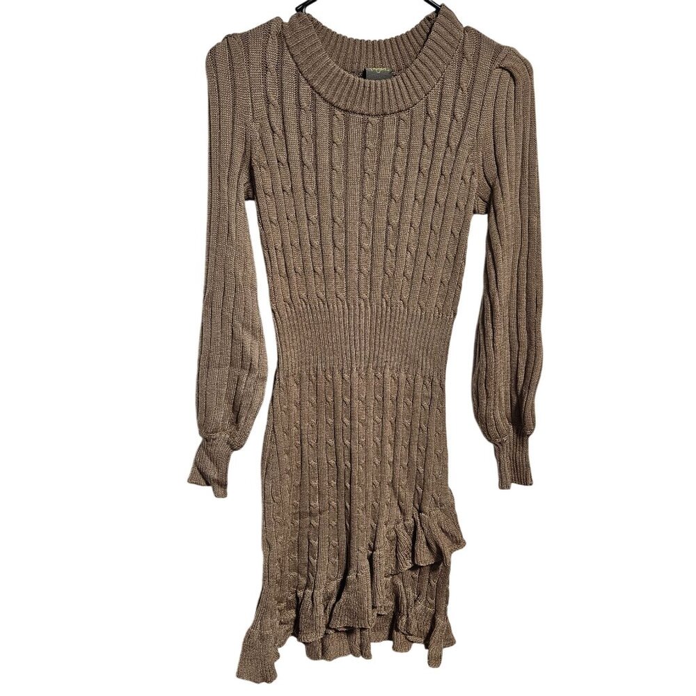 Taylor Brown Cable Knit Sweater Dress Size Medium Ruffled Hem Y2K Holiday Party